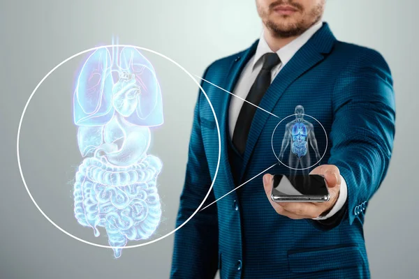 Голографическая Проекция Сканирования Внутренних Органов Человека Рентген Телефоне Концепция Современной — стоковое фото