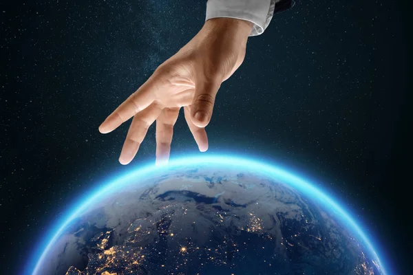 Businessman Hand Reaches Image Earth Space Globalization Concept Business Whole — Stock Photo, Image