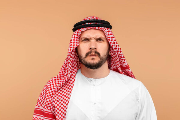 Portrait of Arabs men in national clothes. Dishdasha, kandora, thobe, islam. Copy space