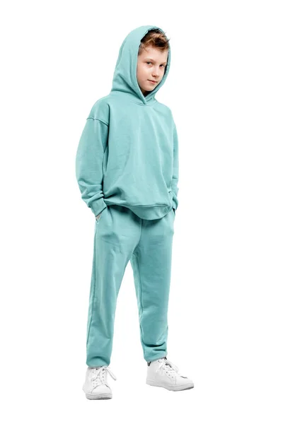 Boy Turquoise Blue Tracksuit Isolated White Background — Stock Photo, Image