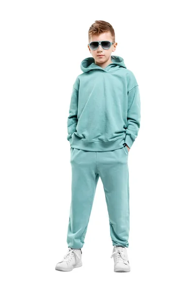 Boy Turquoise Blue Tracksuit Isolated White Background — Stock Photo, Image