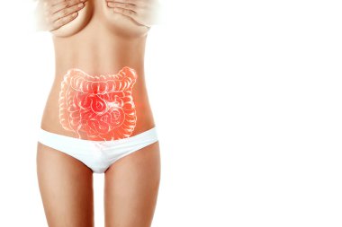 Bağırsaklarında sorunları olan güzel bir kızın vücudu karın ağrısı, kabızlık, hazımsızlık, mide iltihabı, ülser.