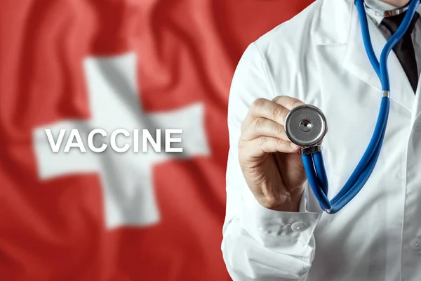 Primer Plano Médico Palabra Vacuna Fondo Bandera Suiza Producción Vacunas — Foto de Stock