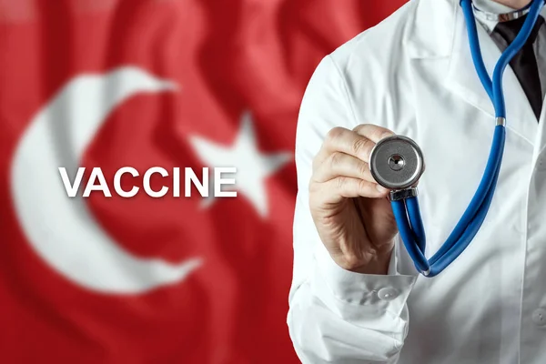 Primer Plano Médico Palabra Vacuna Fondo Bandera Turquía Producción Vacunas — Foto de Stock