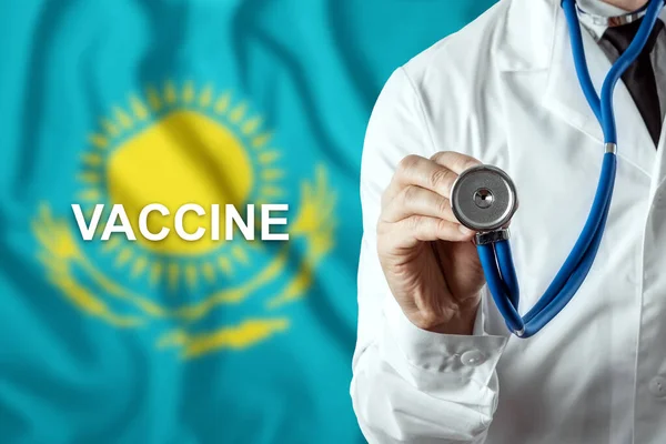 Close Doctor Word Vaccine Background Flag Kazakhstan Corona Virus Vaccine — Stock Photo, Image