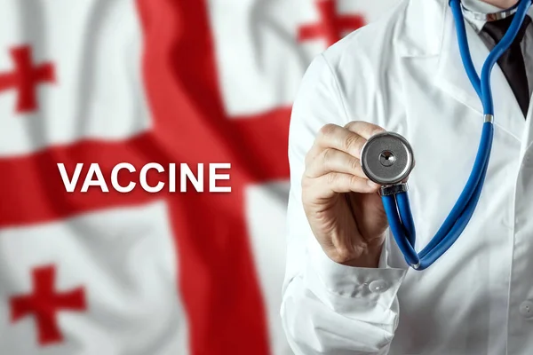 Großaufnahme Eines Arztes Und Das Wort Impfstoff Auf Dem Hintergrund — Stockfoto