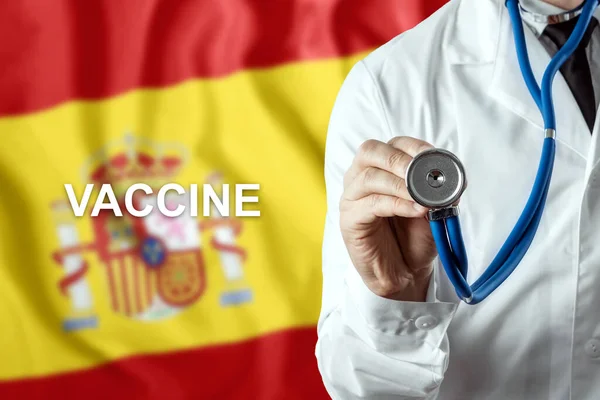 Close Médico Palavra Vacina Fundo Bandeira Espanha Produção Vacinas Contra — Fotografia de Stock