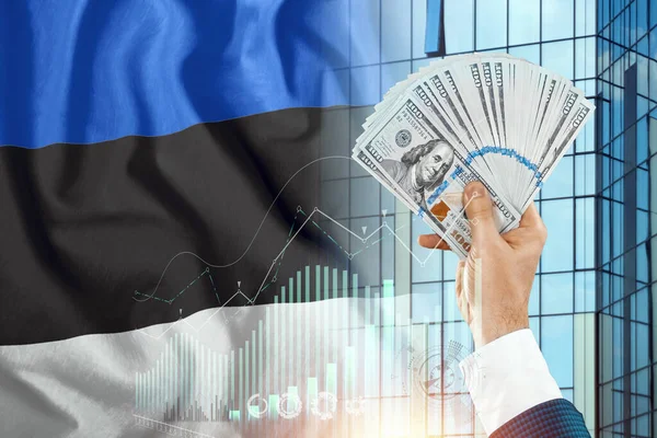 Soldi Mano Uomo Sullo Sfondo Della Bandiera Dell Estonia Reddito — Foto Stock