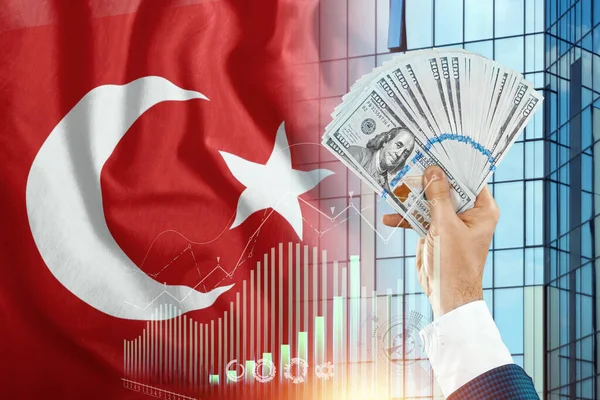 Pengar Mans Hand Mot Bakgrund Turkiets Flagga Turkarnas Inkomster Finansiell — Stockfoto