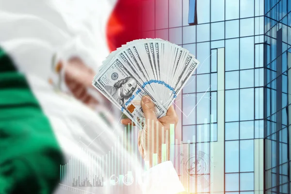在墨西哥国旗的背景下 男人手里拿着钱 墨西哥人的收入 墨西哥人民的经济状况 抵押贷款 国家的国家债务 — 图库照片