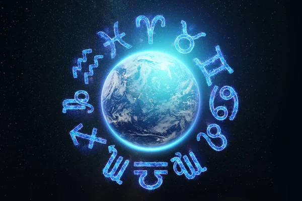 Image Signs Zodiac Background Planet Earth Starry Sky Horoscope Astrology — Stock Photo, Image