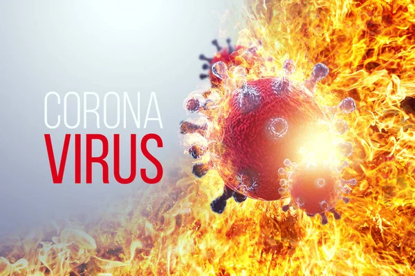 Imagem Células Coronavírus Covid Contra Fundo Inscrição Vírus Corona Pandemia — Fotografia de Stock