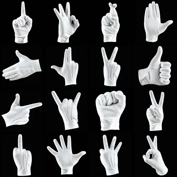 Zestaw Obrazów Ludzkiej Ręki Dłoni Białej Rękawiczce Odizolowanej Czarnym Tle — Zdjęcie stockowe