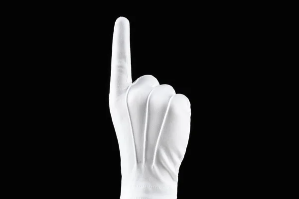 Szczotka Ręka Białej Rękawicy Izolowane Czarnym Tle Pokazuje Palec Wskazujący — Zdjęcie stockowe