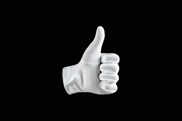 Mão Humana Mão Luva Branca Isolada Sobre Fundo Preto Mostrando — Fotografia de Stock