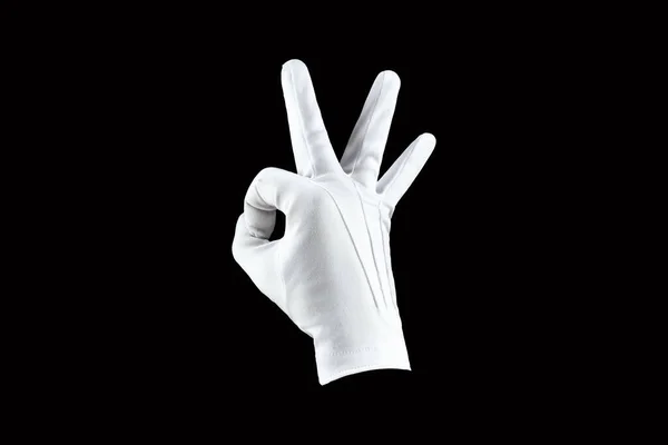 Pinsel Hand Hand Einem Weißen Handschuh Isoliert Auf Schwarzem Hintergrund — Stockfoto