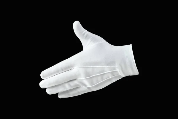 Mänsklig Hand Hand Vit Handske Isolerad Svart Bakgrund Visar Handskakning — Stockfoto