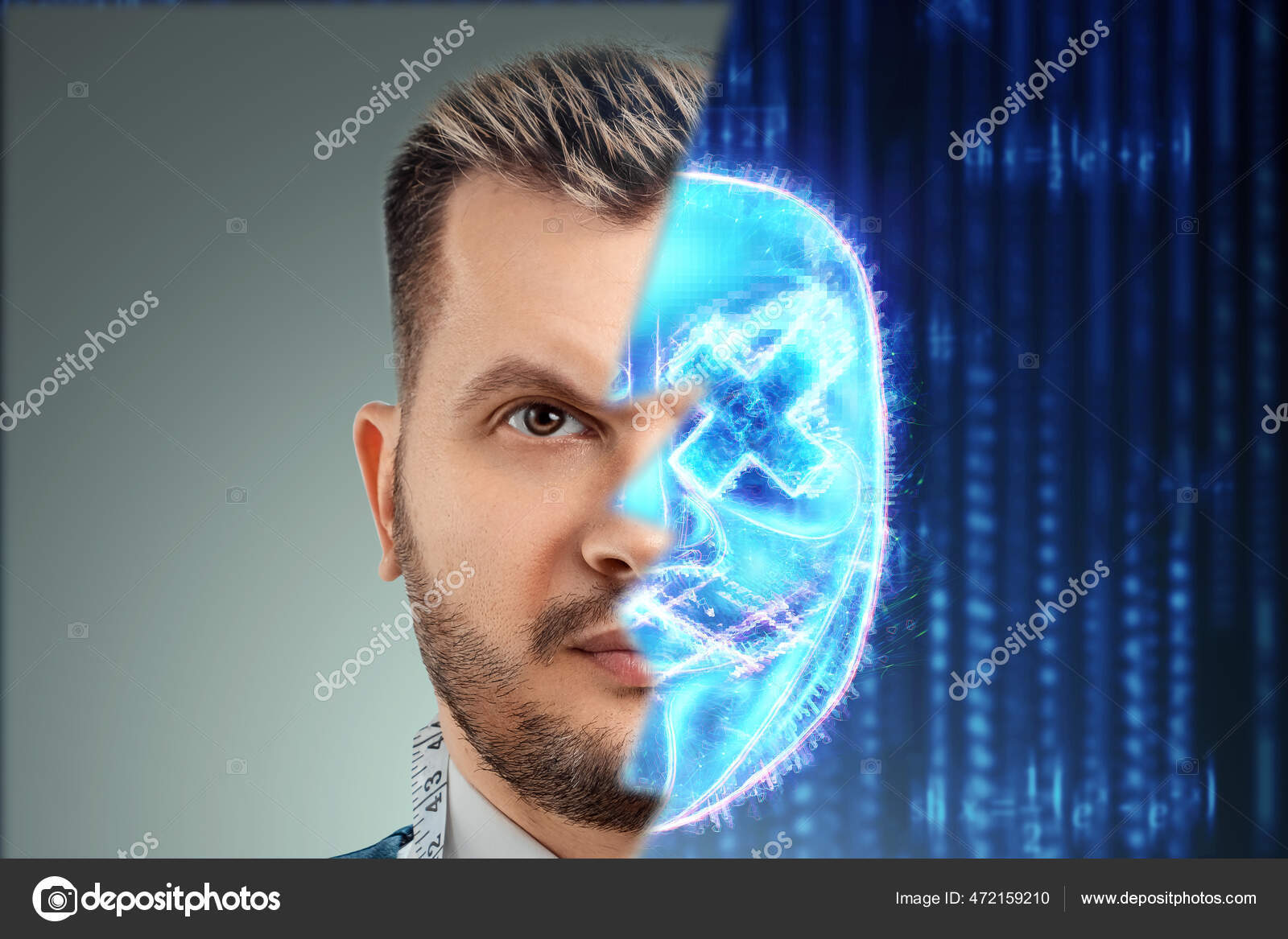 남자의 얼굴은 십자가가 그려진 디지탈 홀로그램 마스크 반쯤감춰져 인터넷 사이버 — 스톡 사진 © MarkoAliaksandr  #472159210