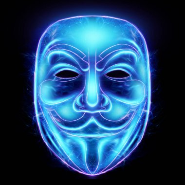 Brest, Belarus - 15 Mayıs 2021: İsimsiz protesto maskesi olarak bilinen Guy Fawkes maskesi, bir grup çevrimiçi hacktivist için bir semboldür. Siyah arkaplanda hologram