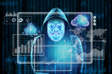 Capichon 'daki bir adamın yüzü bir hologramda dijital bir maskenin arkasında gizlidir, bir monitör ekranının arka planındaki bir hacker. İnternet suçu, dolandırıcılık, siber saldırı, spam kavramı
