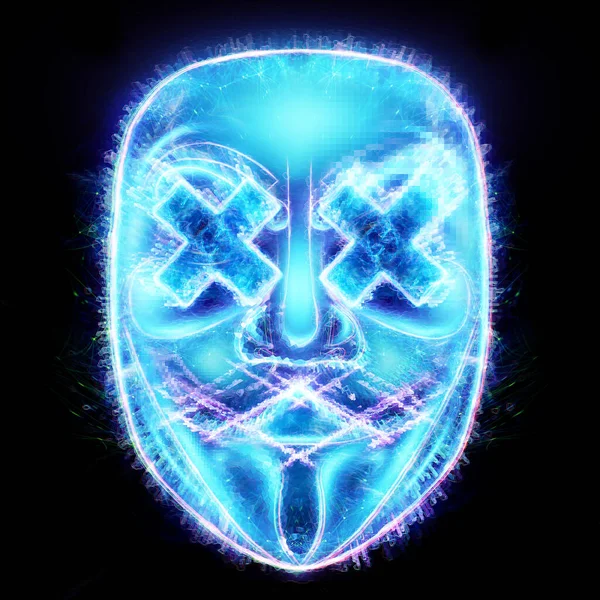 Hologram digital mask with crosses on the eyes on a black background. Concept for internet crime, fraud, cyber attack, spam, electronic theft. 3D illustration, 3D render.