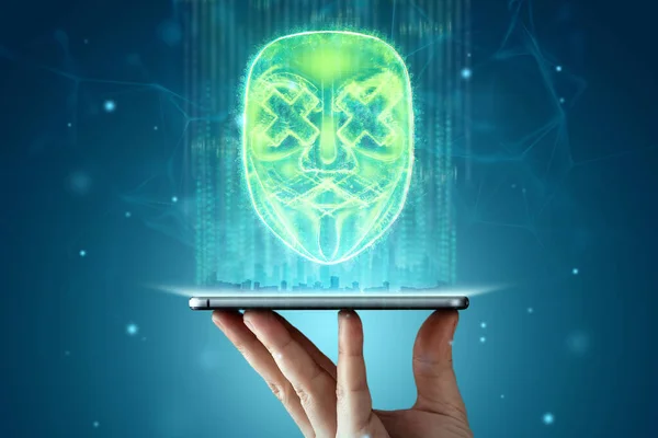 Hologramme Von Masken Hacker Die Sich Hinter Digitalen Anonymen Masken — Stockfoto