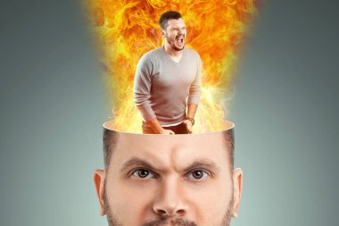 Huysuz bir adamın kafasında, beyin öfkelenir ve bir ateş yanar. Öfke, nefret, küçümseme, stres, tükenme, zihinsel hastalık, asabiyet kavramı