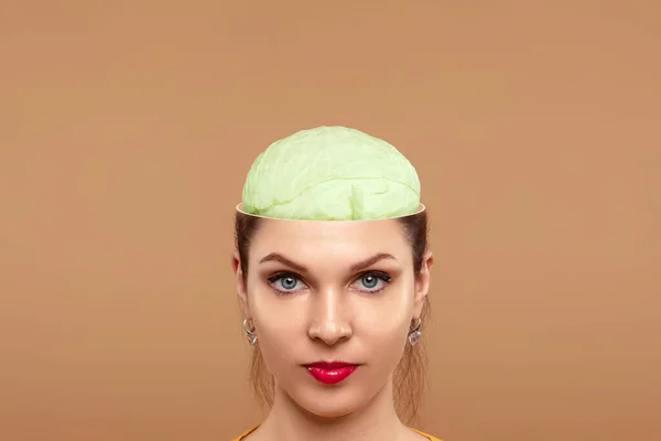 Cabbage Head Beautiful Girl Concept Useful Food Brain Healthy Eating — Stock Photo, Image