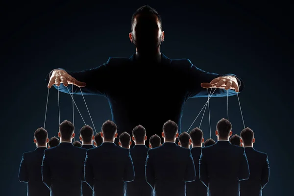 Man Puppeteer Controls Crowd Threads Concept World Conspiracy World Government — Stock Photo, Image