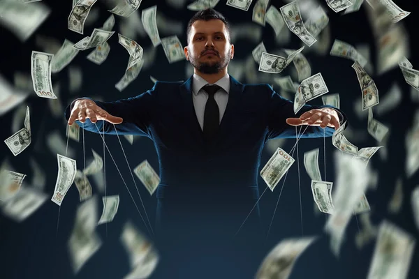 Man Puppeteer Makes Money Manipulations Concept World Conspiracy World Government — Stock Photo, Image