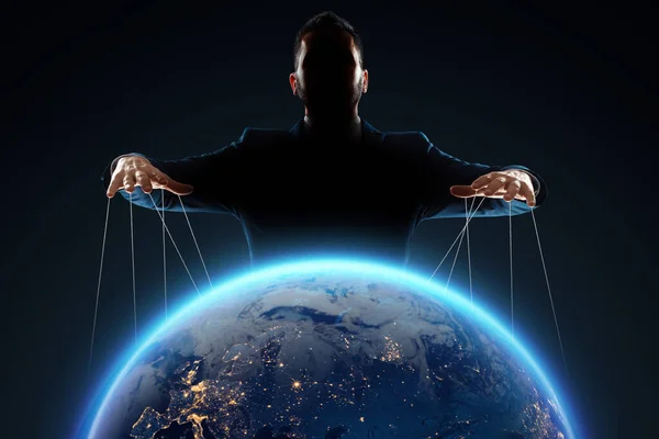 Hombre Titiritero Manipula Planeta Concepto Conspiración Mundial Gobierno Mundial Manipulación — Foto de Stock