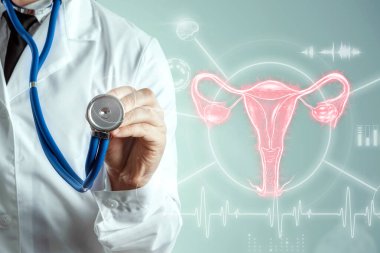 Doktor, rahmin kadın organının hologramının arka planında rahim ve yumurtalık hastalıkları, adet sancısı. Tıbbi muayene, kadın konsültasyonu, jinekoloji