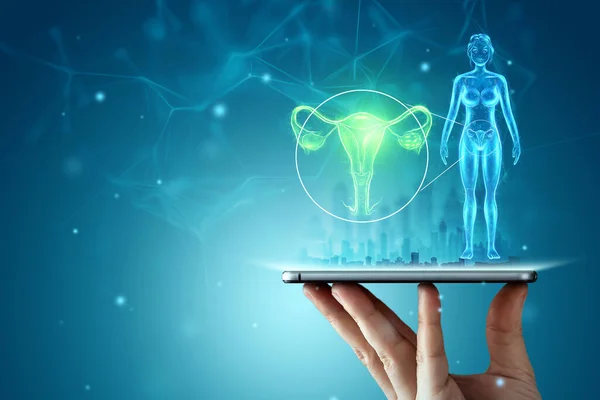 Holograma Del Órgano Femenino Del Útero Sobre Tableta Concepto Ultrasonido — Foto de Stock