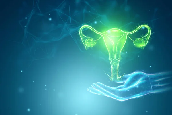 Hologram Ženského Orgánu Dělohy Modrém Pozadí Ultrazvukové Pojetí Gynekologie Porodnictví — Stock fotografie