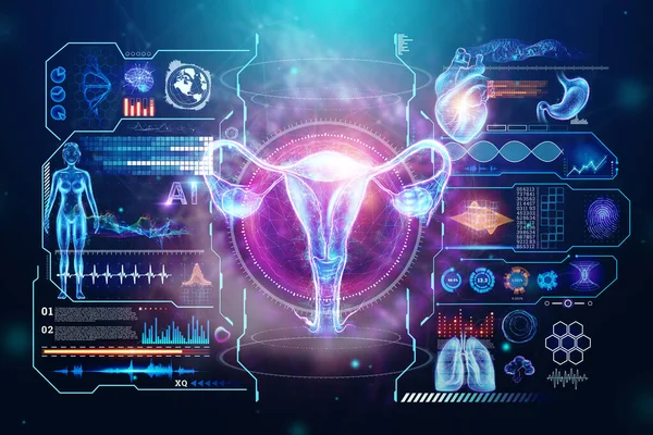 異なる医学的徴候を有する子宮の女性器官のホログラム 子宮の超音波 超音波の概念 婦人科 3Dイラスト 3Dレンダリング — ストック写真
