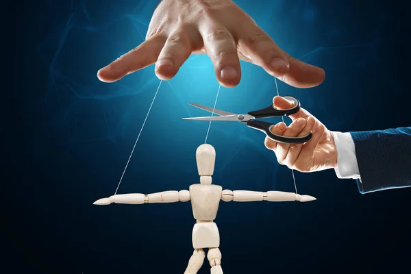 Man Hand Cuts Threads Puppeteer Puppet Scissors Concept Liberation Slavery — Stock Photo, Image