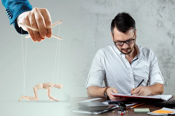 Male Hand Puppeteer Controls Puppet Puppet Strings Office Work Man — Stock Photo, Image
