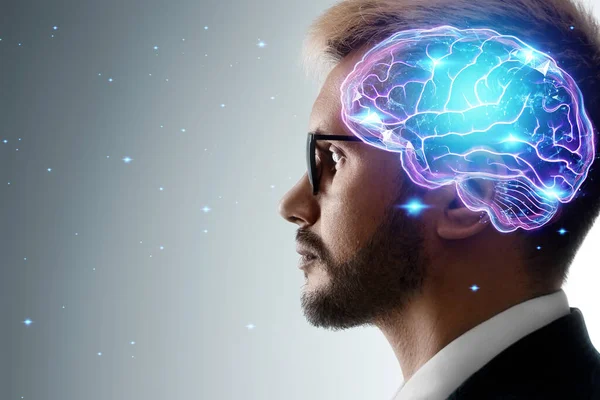 Retrato Cercano Hombre Perfil Lateral Holograma Cerebro Funcionamiento Concepto Inteligencia — Foto de Stock