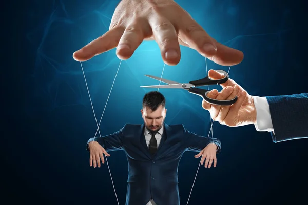 Man Hand Cuts Threads Puppeteer Puppet Scissors Concept Liberation Slavery — Stock Photo, Image