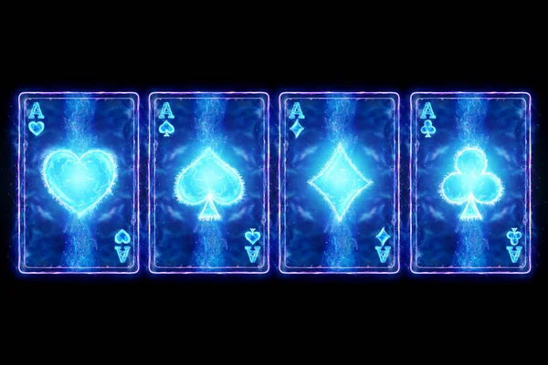 Neon Jogando Cartas Para Poker Quatro Ases Fundo Escuro Modelo — Fotografia de Stock