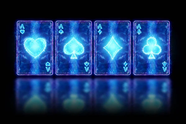 霓虹灯打扑克 四个A在黑暗的背景 设计模板 赌场的概念 网站的标题 复制空间 3D插图 3D渲染 — 图库照片