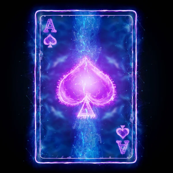 Neon Playing Card Poker Ace Spade Black Background Isolate Design — Stock Photo, Image