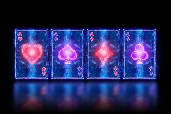 Neon Playing Cards Poker Four Aces Dark Background Design Template — Stock Photo, Image