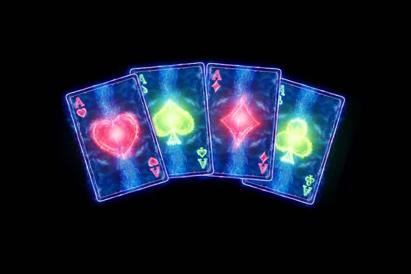 Neon Playing Cards Poker Four Aces Dark Background Design Template — Stock Photo, Image