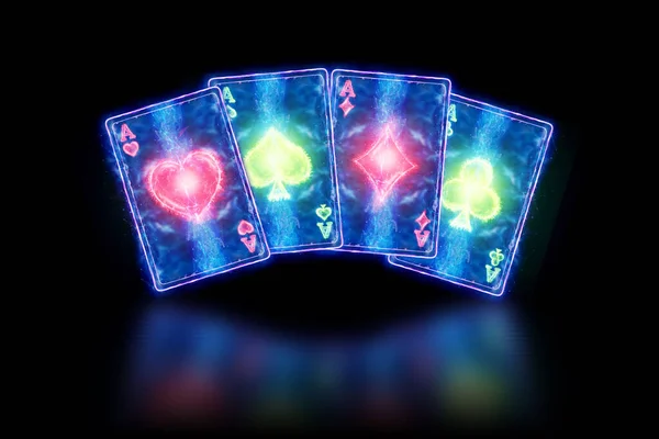 Neon playing cards for poker, four aces on a dark background. Design template. Casino concept, gambling, header for the site. Copy space, 3D illustration, 3D render