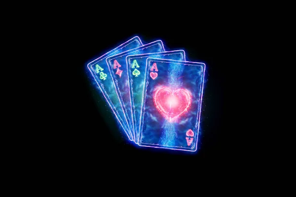 Neon Poker Için Kart Oynuyor Arka Planda Dört Var Tasarım — Stok fotoğraf