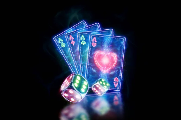 Creative poker template, design neon playing cards and dice a dark background. Casino concept, gambling, header for the site. Copy space, 3D illustration, 3D render.