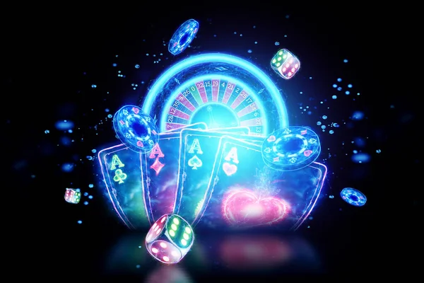 Creative casino background, neon playing cards, roulette, dice on a dark background. Leaflet. Concept for gambling, poker, header for the site. Copy space. 3D illustration, 3D rendering.