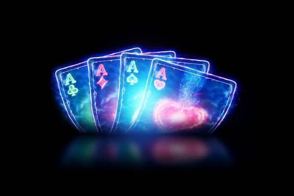 Neon Playing Cards Poker Four Aces Dark Background Design Template — Stock Photo, Image