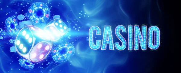 Creatieve Achtergrond Belettering Casino Neon Dobbelstenen Chips Een Donkere Achtergrond — Stockfoto
